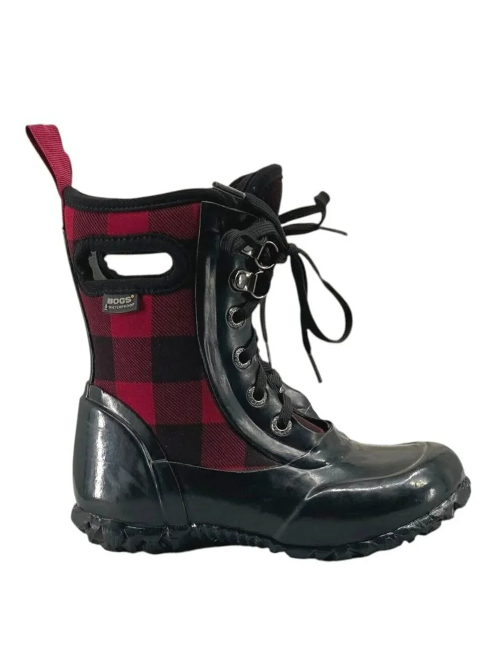 Bogs Sidney Kids Buffalo Plaid Waterproof Boots 10 Rain Rubber Black Red Lace Up
